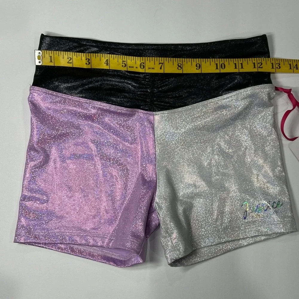 Justice Girls Iridescent Foil Colorblock Dance Gym Shorts Purple Silver L 12/14